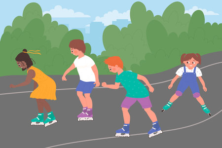 Children roller skating together, fun sports outdoor activity at summer green city park vector illustration. Cartoon sporty boy girl kids in roller skates, child character rollerblading backgroundのイラスト素材