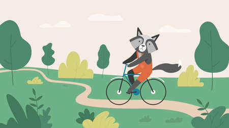 Raccoon animal riding bicycle or bike on village countryside road in summer green landscape vector illustration. Cartoon cute raccoon character cycling, traveling on summertime vacation backgroundのイラスト素材