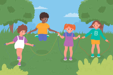 Kids jump rope, play together in kindergarten playground or summer green city park vector illustration. Cartoon cute boy girl child characters playing outdoors summertime, happy childhood backgroundのイラスト素材