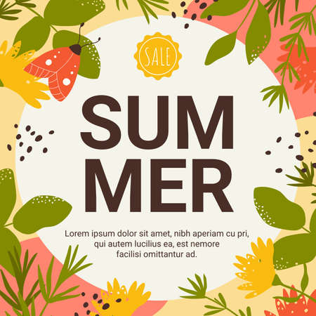 Summer offer sale banner set vector illustration. Cartoon summer flowers, butterflies and floral leaves in round promo banner template for mobile website, online shopping ads, social media marketingのイラスト素材