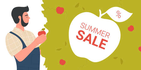 Summer special offer discount, trendy banner design vector illustration. Cartoon summer sale text inside apple and people enjoying fresh fruit from garden or farm market summertime, promo backgroundのイラスト素材