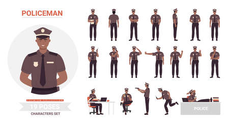 African american black Policeman poses vector illustration set. Cartoon police officer man character working in office or street, cop guard person wearing uniform posing in work isolated on whiteのイラスト素材