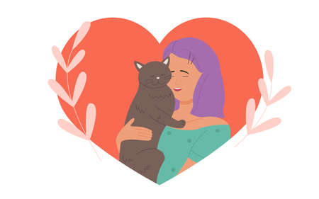 Girl hugs cuddles cute cat with love vector illustration. Cartoon young pretty woman character hugging funny kitten, pet owner and sweet animal inside red heart, scrapbook element isolated on whiteのイラスト素材