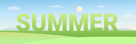 Nature field landscape illustration. Cartoon flat panoramic wide natural scenery with green grass...