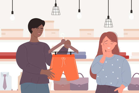 Couple people shopping on big sales vector illustration. Cartoon young man and woman buyer characters buying shorts, guy holding hanger with clothes in interior of shop store or boutique backgroundのイラスト素材
