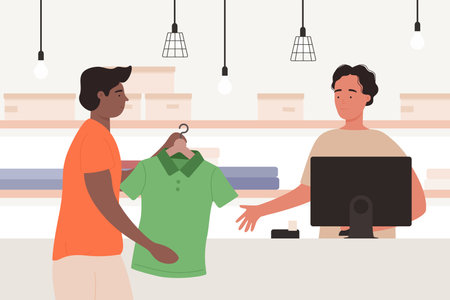 Illustration pour People shopping, client and vendor on cashier desk, payment for purchase vector illustration. Cartoon young man buyer character buying in retail shop store, holding clothes hanger to pay background - image libre de droit