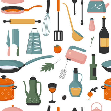 Kitchen utensils for cooking seamless pattern vector illustration. Cartoon cute household kitchenware chef equipment to cook food, frying pan, bottle, rolling pin and saucepan on white backgroundのイラスト素材