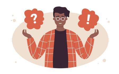 Guy asking question, dilemma concept vector illustration. Cartoon young male character making choice, solving problem, teen standing near question and exclamation mark in clouds isolated on whiteのイラスト素材