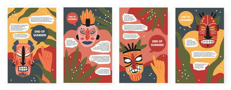 Tiki mask totem, abstract wall art with colorful abstract geometric shapes, tropical leaves vector illustration set. Trendy ethnic tropic summer template background for fashion social media storiesのイラスト素材