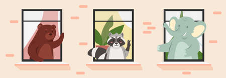 Cute neighbor animals in home windows frames, neighborhood vector illustration. Cartoon funny baby bear raccoon elephant greeting, fluffy animal neighbour characters live in apartments backgroundのイラスト素材