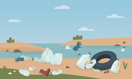 Garbage waste on beach, danger problem for ecology vector illustration. Cartoon plastic bottles and bag packages, shoe, glove pollute river area, rubbish heap in polluted nature landscape backgroundのイラスト素材