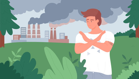 Stop air pollution, ecology problem vector illustration. Cartoon young man volunteer character showing stop gesture with arms crossed, factory pipes with dirty smog pollute city urban landscapeのイラスト素材