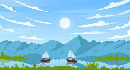 Mountain summer sunny landscape with fisherman boats vector illustration. Cartoon summertime morning calm scene with fishing sailboat on river or lake, sun in blue sky, countryside scenery backgroundのイラスト素材