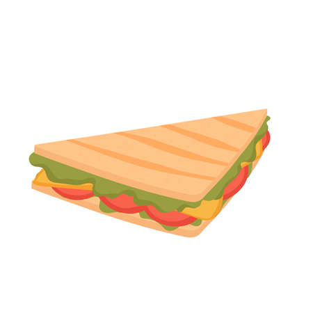 Fast food sandwich, take away fastfood snack vector illustration. Cartoon sandwich with bread slices, cheese and vegetables, junk food cafe menu isolated on whiteのイラスト素材