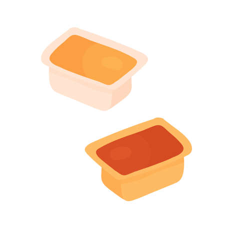 Fast food takeaway portion of mustard and ketchup sauce vector illustration. Cartoon mustard and ketchup container, unhealthy junk food menu for restaurant or cafe isolated on whiteのイラスト素材