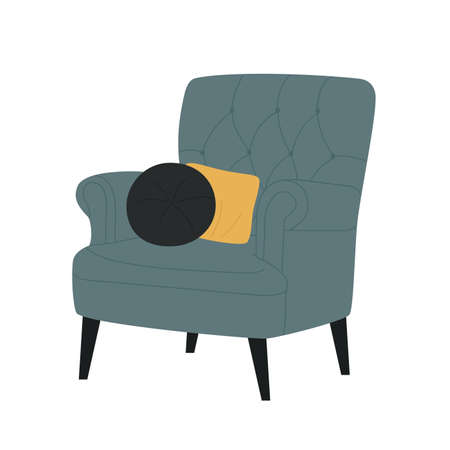 Modern comfort armchair and pillows, living room furniture interior decor design for home apartment vector illustration. Cartoon cozy armchair furnishings isolated on whiteのイラスト素材