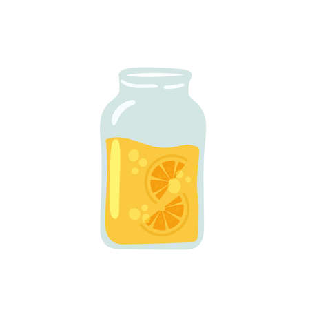 Lemonade in glass bottle, summer drink vector illustration. Cartoon fruit juicy fresh citrus drinking cocktail dessert, lemon squash and slices isolated on whiteのイラスト素材