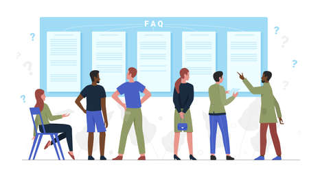 Faq concept, people ask frequent question, need support advice information vector illustration. Cartoon team of woman man characters standing and reading manual faq on helpdesk isolated on whiteのイラスト素材