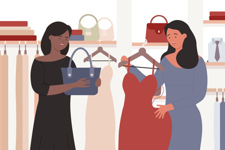 Girls shopping together vector illustration. Cartoon happy female friends characters standing with purchases, buying fashionable dress and bag in interior of fashion boutique or shop store backgroundのイラスト素材