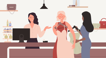 People pay for purchases, girls buy dresses in shop or boutique vector illustration. Cartoon young fashionable woman buyer characters standing in line or queue checkout in fashion store backgroundのイラスト素材