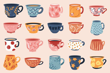 Tea coffee vintage cup set vector illustration. Cartoon vintage teacup collection for english afternoon tea ceremony party or breakfast, retro flower, leaf, stripes hand drawn pattern on cup and mugのイラスト素材