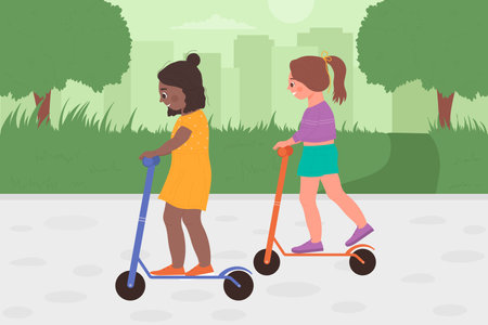 Kids girls friends play kick scooter together vector illustration. Cartoon happy little child characters riding scooter personal eco transport on road of city park, enjoying game outside backgroundのイラスト素材