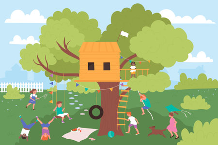 Happy children play on treehouse playground in summer nature park vector illustration. Cartoon group of girl boy child characters have fun, climb on tree house, kids playing together backgroundのイラスト素材