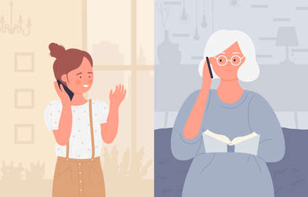 Family call, grandmother talking to grandchild on phone vector illustration. Cartoon elderly woman and young characters talk by cellphone, grandparent sitting at home, girl child on walk backgroundのイラスト素材