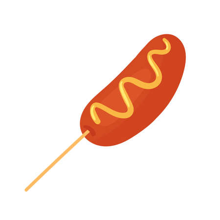 Fast food corn dog with mustard sauce, fastfood snack vector illustration. Cartoon unhealthy corn dog on stick in junk food menu for restaurant or cafe isolated on whiteのイラスト素材