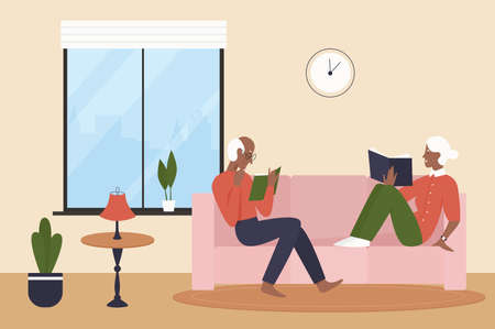 Elderly couple people read books in living room home interior vector illustration. Cartoon older woman man character reading book literature from library, sitting at sofa by window together backgroundのイラスト素材