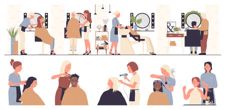 Hairdresser working with people client in beauty salon vector illustration set. Cartoon beautician barber stylist character with scissors or hair dryer making haircut, hairdressing isolated on whiteのイラスト素材