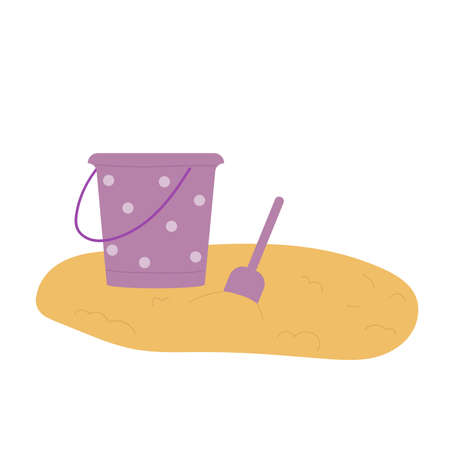 Children toys for beach, family summer sea vacation vector illustration. Cartoon cute bucket and shovel toys for child building sand castle isolated on whiteのイラスト素材