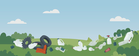 Dump garbage trash on green grass meadow vector illustration. Cartoon nature pollution, landscape...
