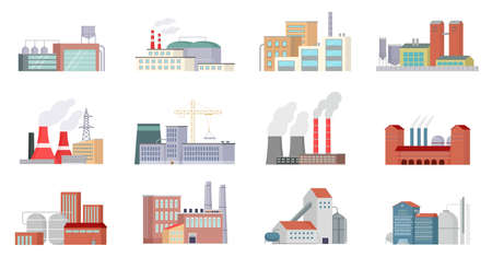 Industrial building factory, industry power station, energy plant set vector illustration. Cartoon exterior of modern urban city architecture collection, business construction isolated on whiteのイラスト素材