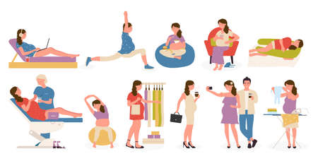 Pregnant woman in different activity, healthy lifestyle set vector illustration. Cartoon smiling lady character eating or resting, doing sport or yoga exercises, happy pregnancy isolated on whiteのイラスト素材