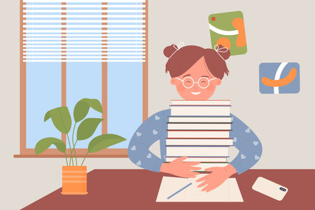 Happy girl reading and studying at home room vector illustration. Cartoon cute schoolgirl child character in glasses holding stack of books to learn and read, distance school education backgroundのイラスト素材