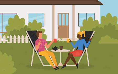 People friends neighbors relaxing on summer picnic vector illustration. Cartoon woman characters sitting on sun loungers in backyard, drinking tea during weekend vacation, leisure activity backgroundのイラスト素材