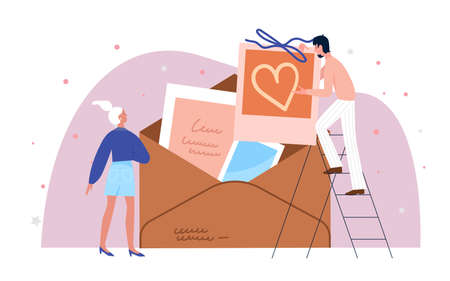 People with paper letter envelope, post mail vector illustration. Cartoon tiny man woman characters put vintage postcard with heart to big envelope, creative Valentine day concept isolated on whiteのイラスト素材