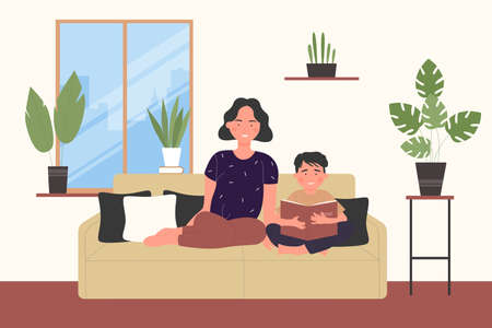 Happy family spend time at home, mother and child son read book and study together vector illustration. Cartoon mom and boy reading book literature, sitting on cozy sofa in living room interiorのイラスト素材
