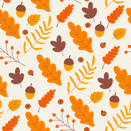 Autumn seamless pattern, fall leaf oak leaves with acorns texture vector illustration. Cartoon brown orange foliage, tree leaves branches nature plants backgroundのイラスト素材