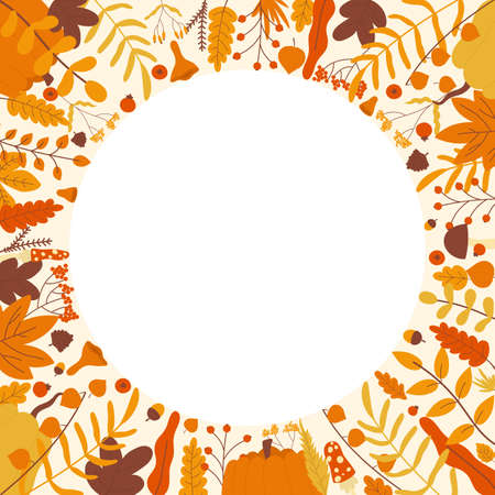 Autumn wreath, circle border frame with floral leaf garland vector illustration. Cartoon round template decoration with fall plants, yellow nature leaves, forest mushrooms, pumpkin acorn backgroundのイラスト素材
