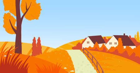 Road to village countryside landscape, eco travel outdoor scene vector illustration. Cartoon path to rural farm houses buildings with fence and trees, agriculture field, fall nature scenery backgroundのイラスト素材