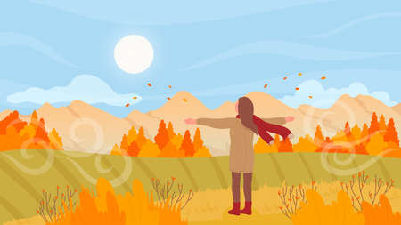 People enjoy nature, sunset in autumn mountain countryside landscape vector illustration. Cartoon happy girl character standing with hands up on field, greeting sun in autumn adventure backgroundのイラスト素材