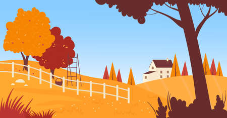 Farm house in autumn, village countryside landscape vector illustration. Cartoon agriculture field, orchard with ladder and garden near farmhouse on hill, autumn cute nature scenery backgroundのイラスト素材