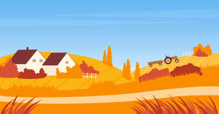 Autumn landscape with farm house, road and tractor on agriculture field vector illustration. Cartoon village countryside scene, yellow grass meadow and wheat fields with working agricultural machineryのイラスト素材