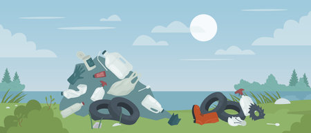 Polluted river or lake beach, problem of nature pollution vector illustration. Cartoon garbage and plastic debris floating in water, waste scattered on shore, dirty countryside landscape backgroundのイラスト素材