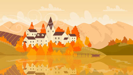 European village on lake in autumn landscape vector illustration. Cartoon scenic autumn landscape in yellow orange fall colors, small town houses and reflection in calm waters of lake in Europeのイラスト素材
