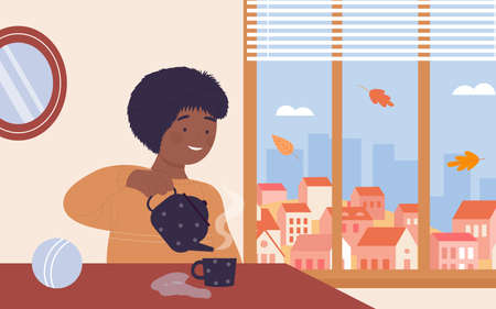 Kid with teapot and tea cup at home vector illustration. Cartoon boy child character pouring tea from teapot, sitting at table by window with autumn cityscape, falling leaves on city street backgroundのイラスト素材