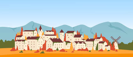 Autumn season in town or village mountain landscape vector illustration. Cartoon European city buildings among orange red trees, architecture and mill, autumn cityscape in Europe backgroundのイラスト素材
