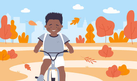 Preschool child cycling on road of autumn city park landscape vector illustration. Cartoon active cyclist boy character riding bicycle, happy childhood and healthy outdoor sport activity backgroundのイラスト素材